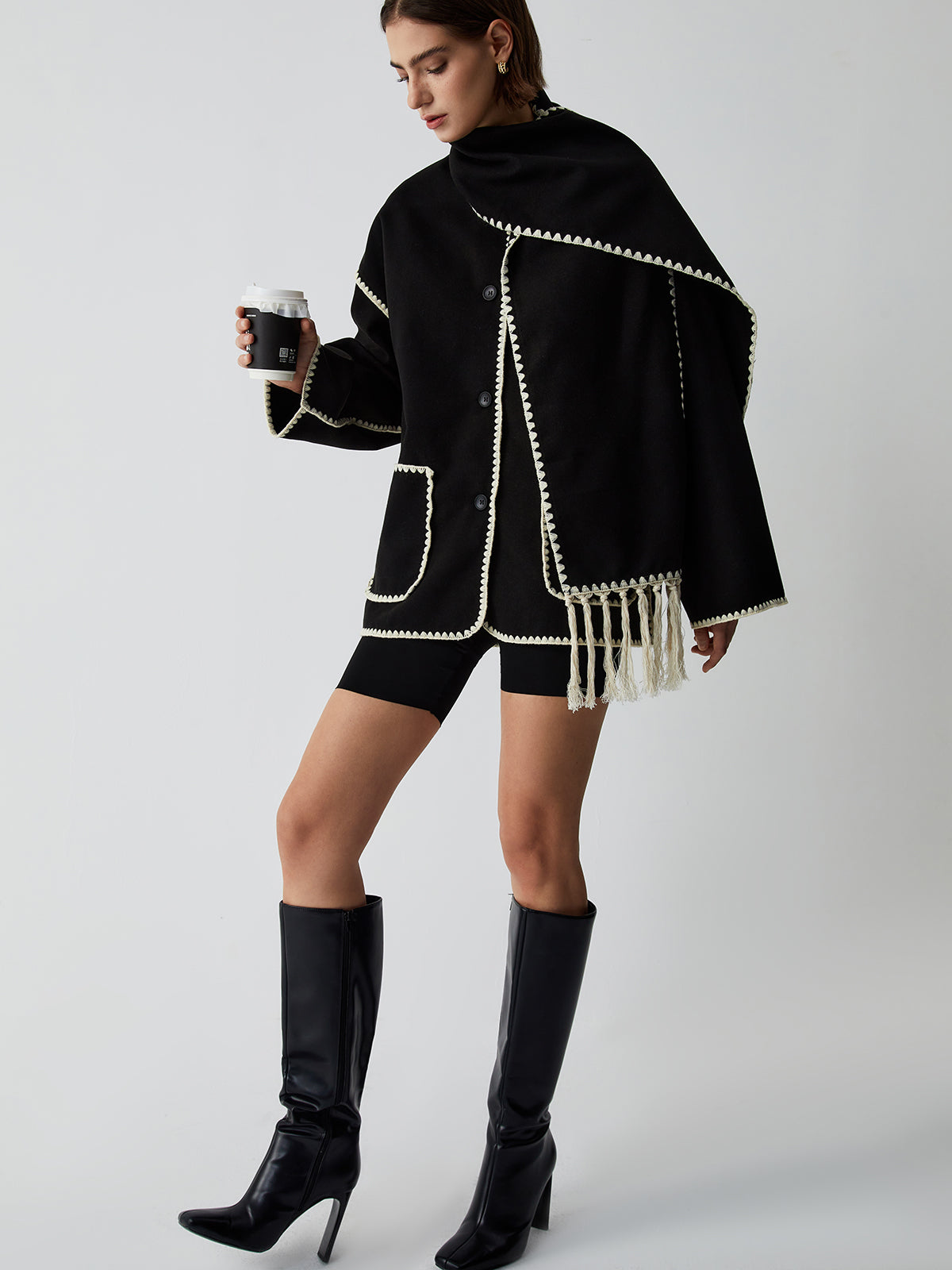 Contrast Trim Jacket With Matching Scarf - Image 2