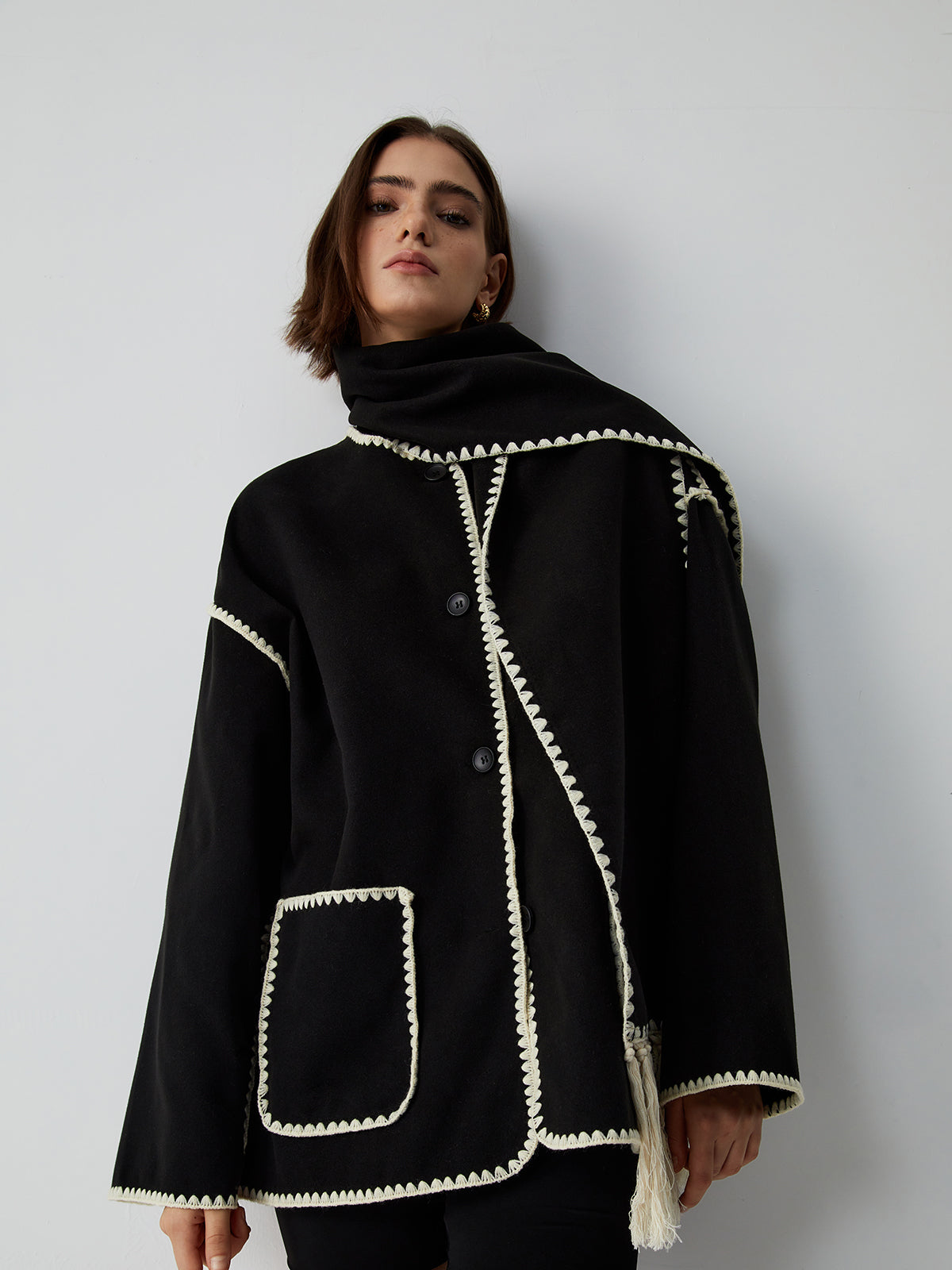 Contrast Trim Jacket With Matching Scarf - Image 3