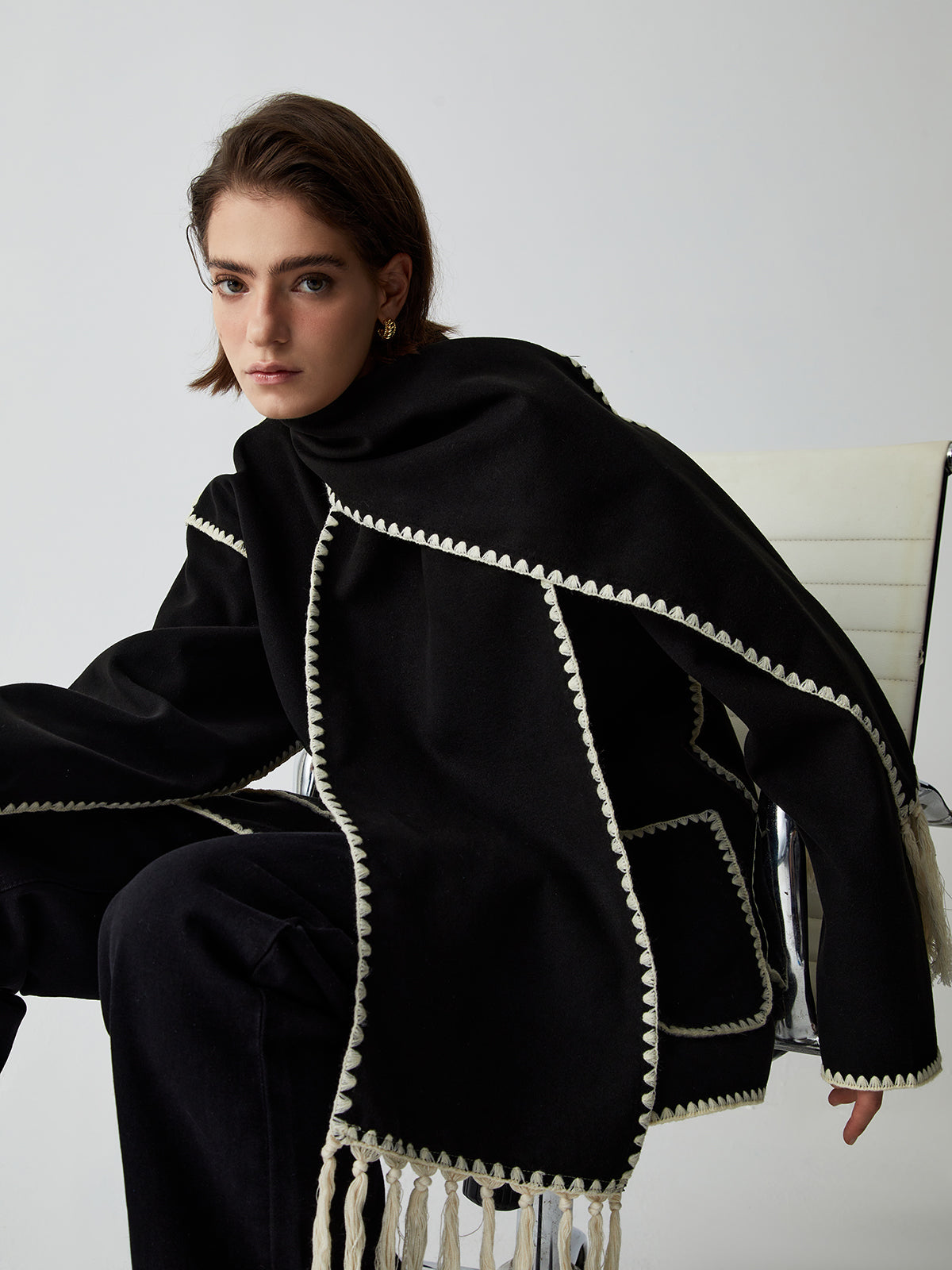 Contrast Trim Jacket With Matching Scarf - Image 6