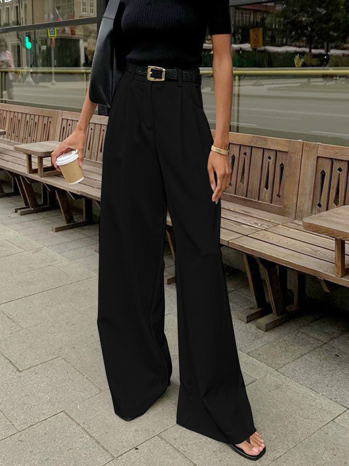 Solid Wide Leg Pants Without Belt - Image 5