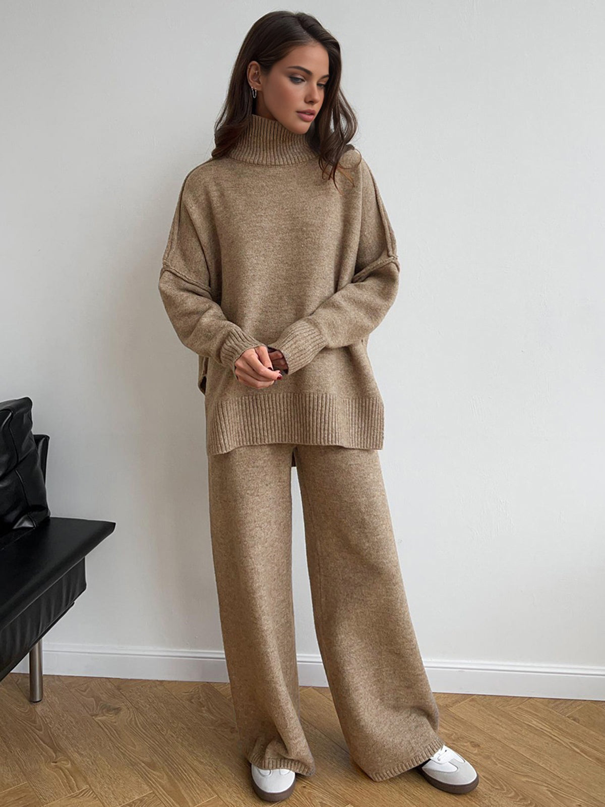 Plain Turtleneck Knit Pants Set - Image 4