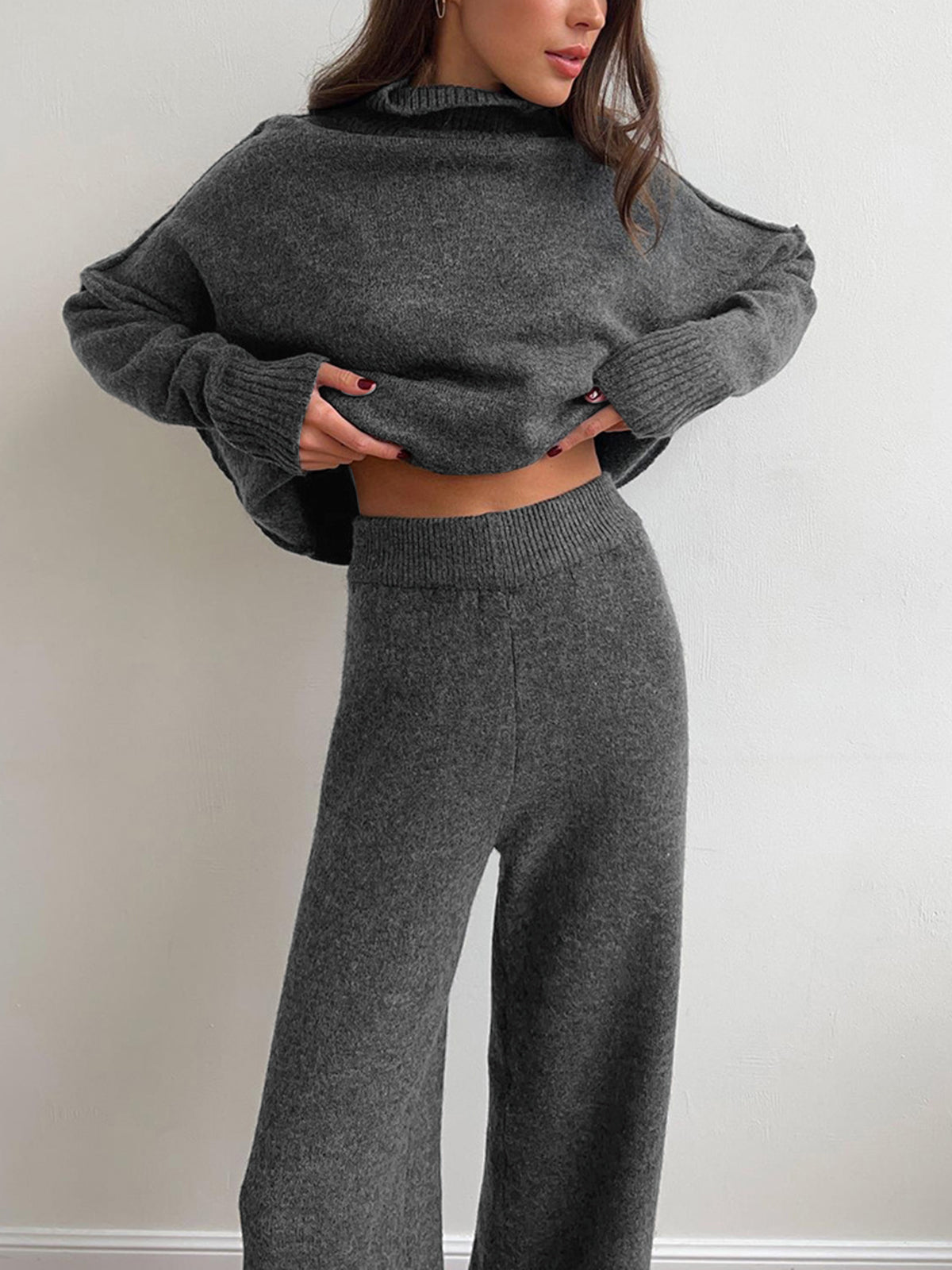 Plain Turtleneck Knit Pants Set - Image 8