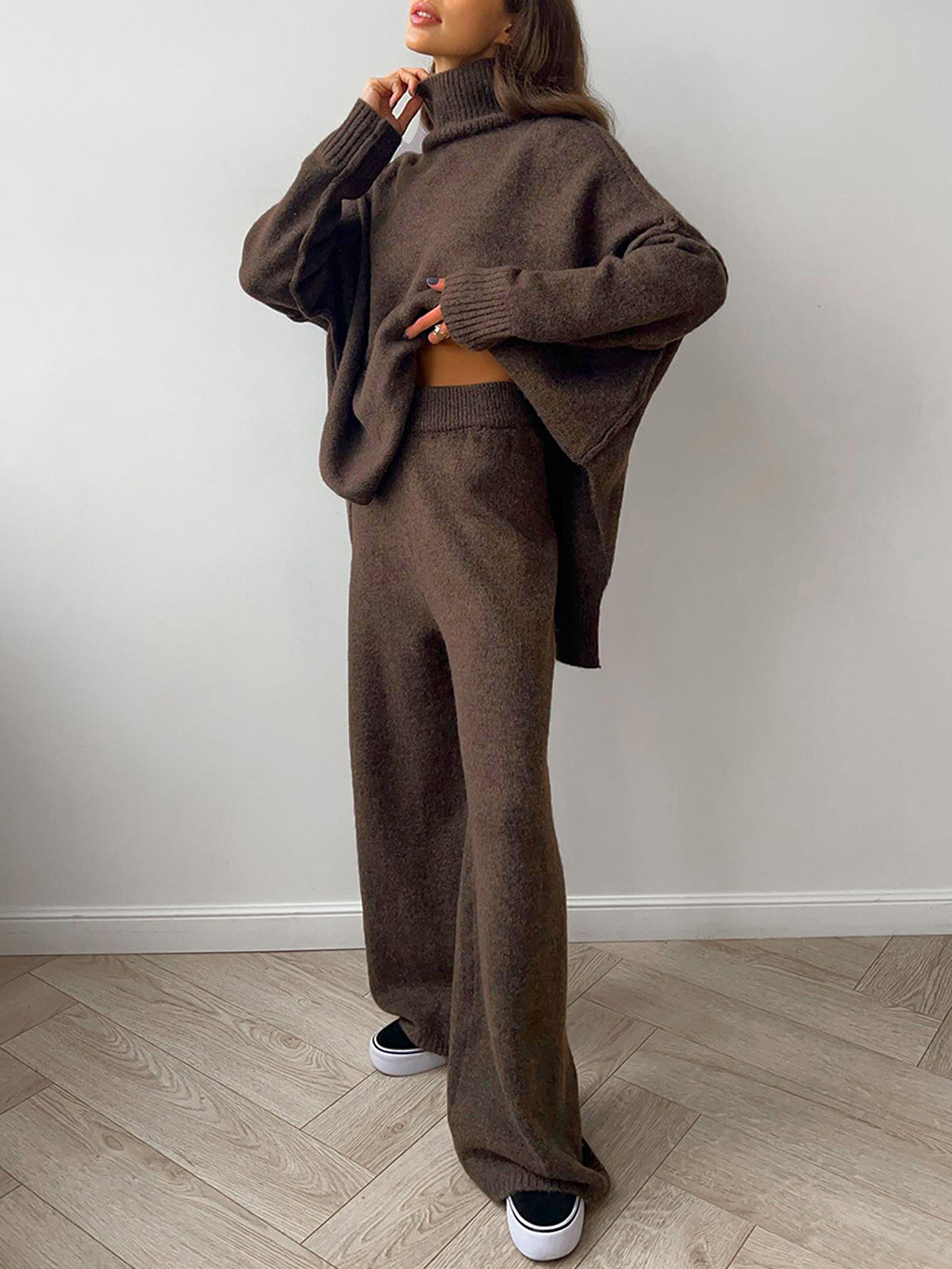 Plain Turtleneck Knit Pants Set - Image 11