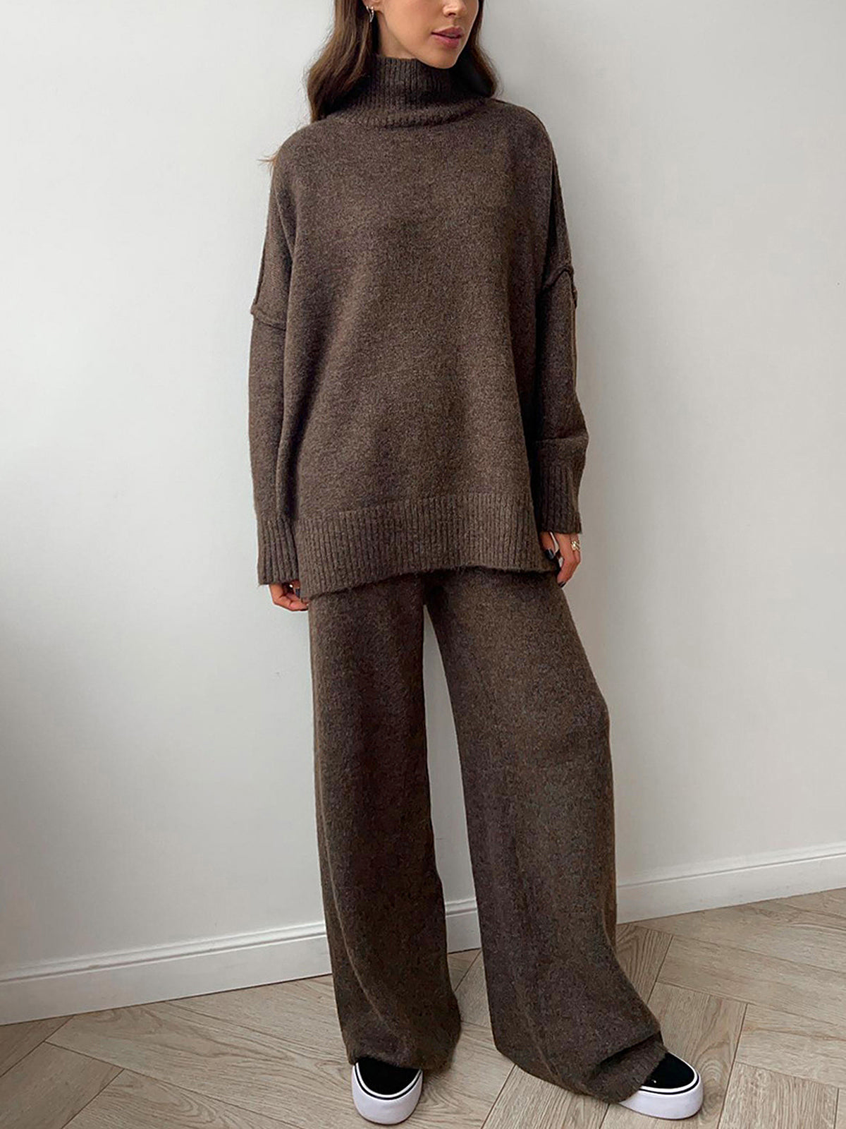 Plain Turtleneck Knit Pants Set - Image 12