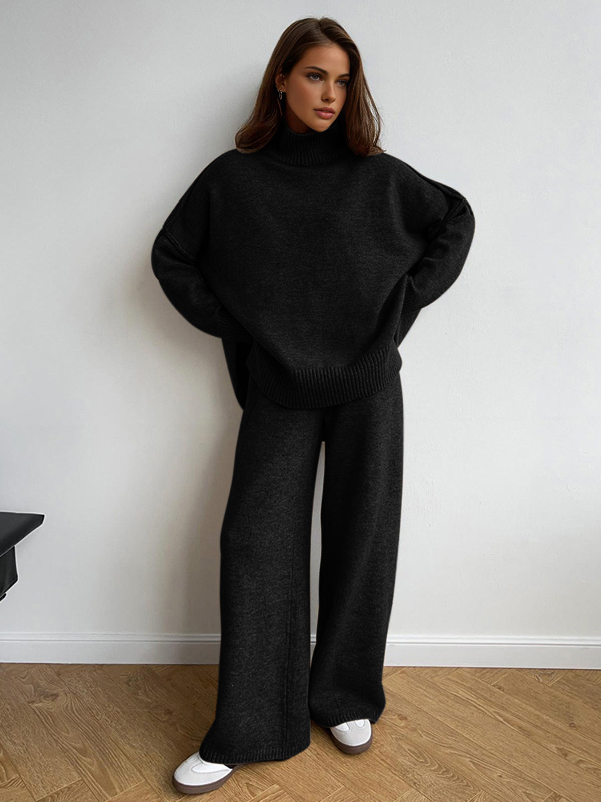 Plain Turtleneck Knit Pants Set - Image 13