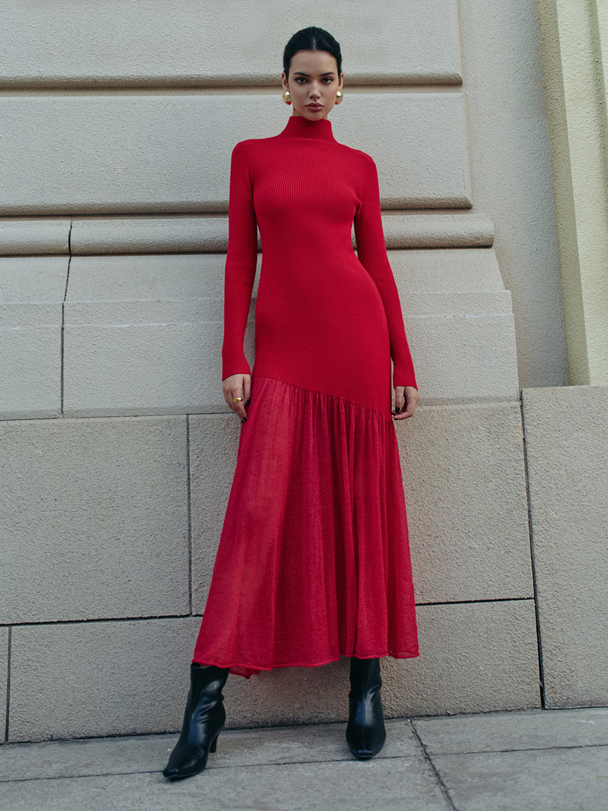 Mock Neck Pleated Panel Sweater Dress - Image 4