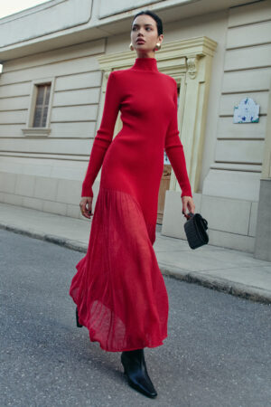 Mock Neck Pleated Panel Sweater Dress