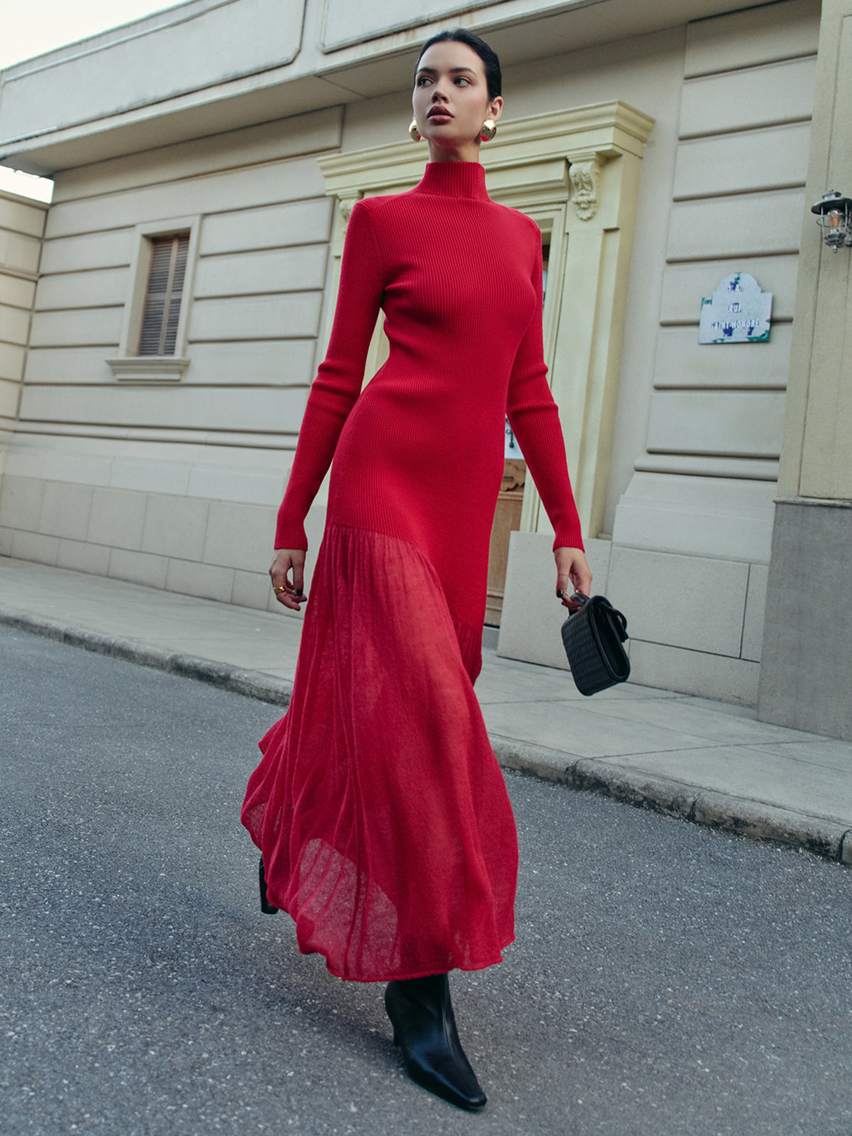 Mock Neck Pleated Panel Sweater Dress