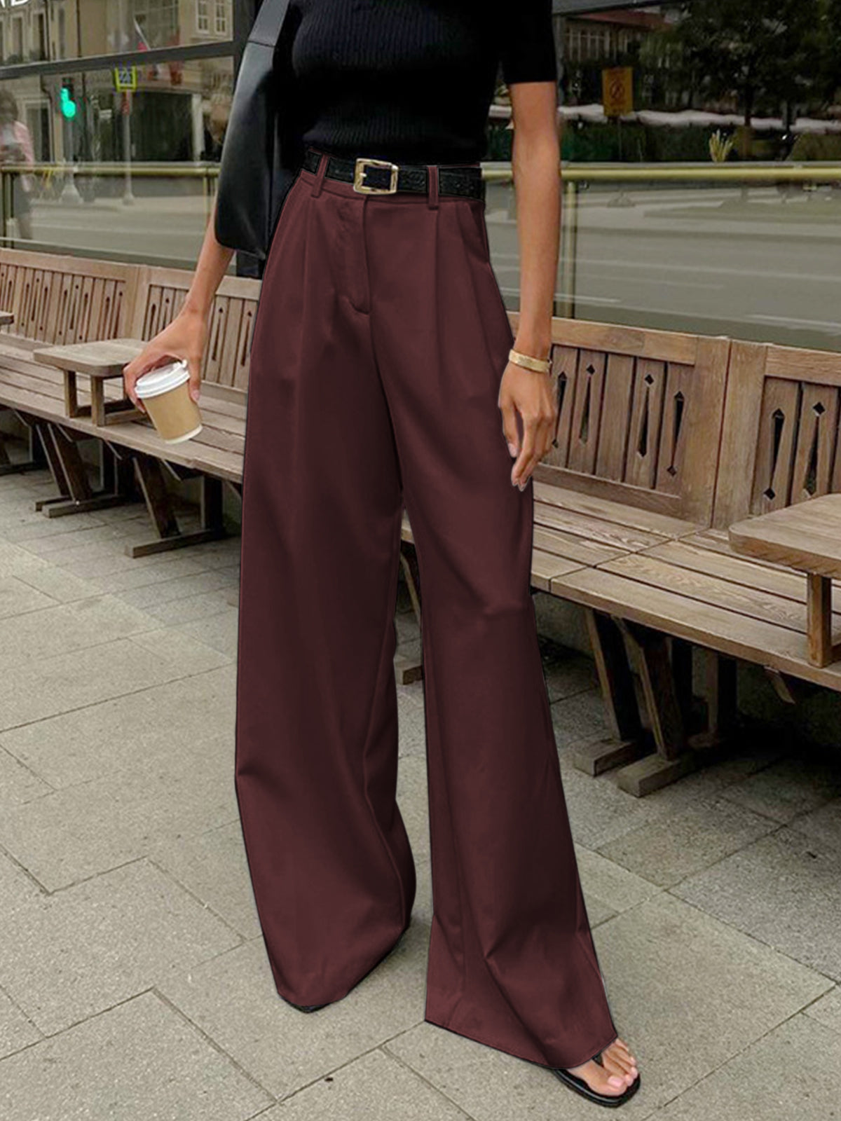 Solid Wide Leg Pants Without Belt - Image 11