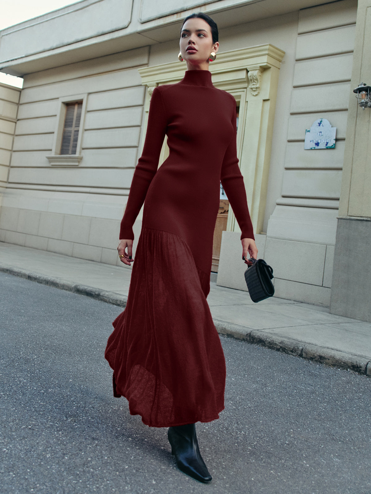 Mock Neck Pleated Panel Sweater Dress - Image 7