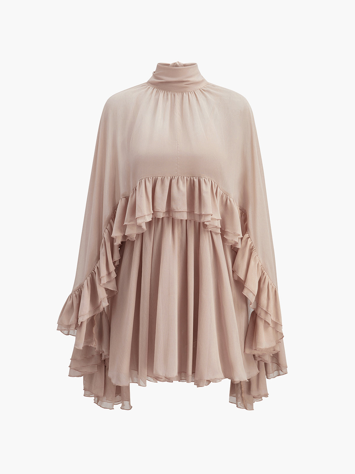 Semi-Sheer Chiffon Ruffle Dress With Outer Cape - Image 7