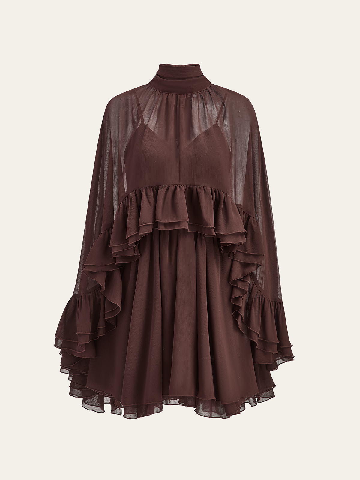 Semi-Sheer Chiffon Ruffle Dress With Outer Cape - Image 10