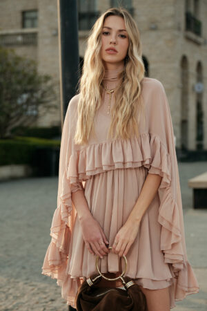 Semi-Sheer Chiffon Ruffle Dress With Outer Cape