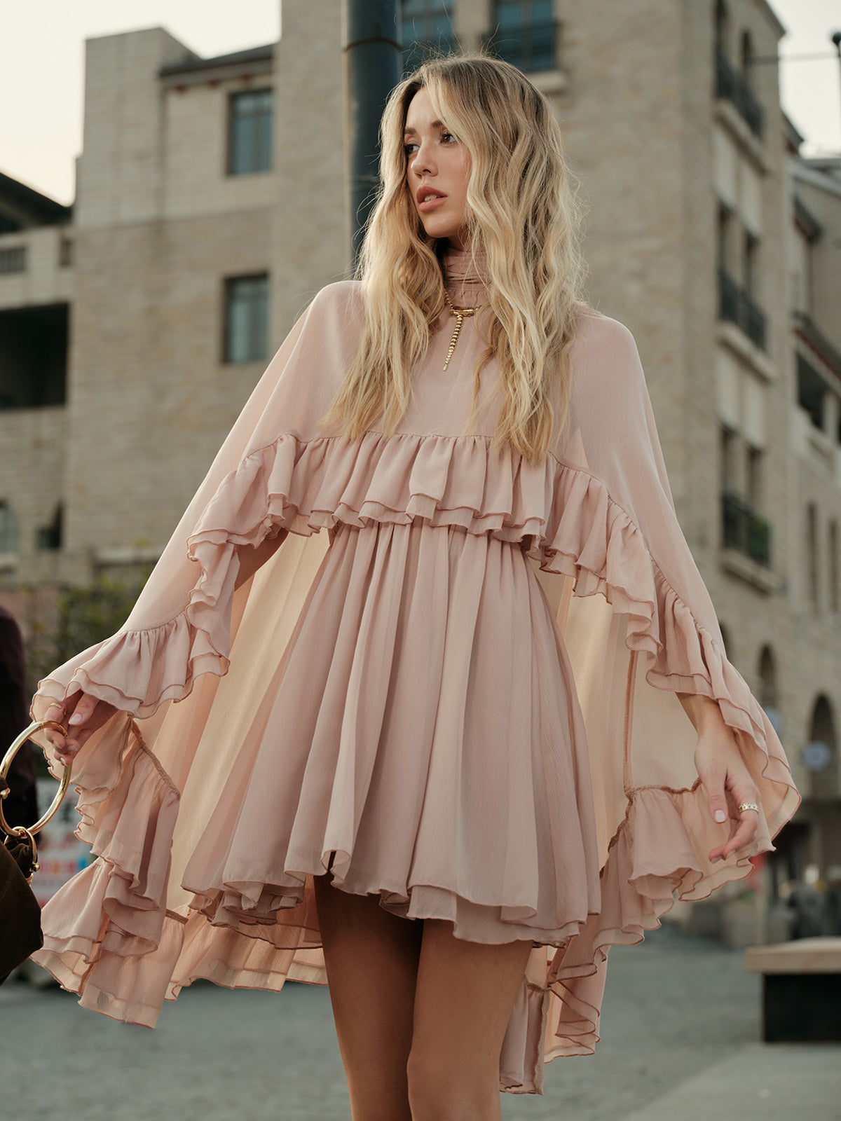 Semi-Sheer Chiffon Ruffle Dress With Outer Cape - Image 2