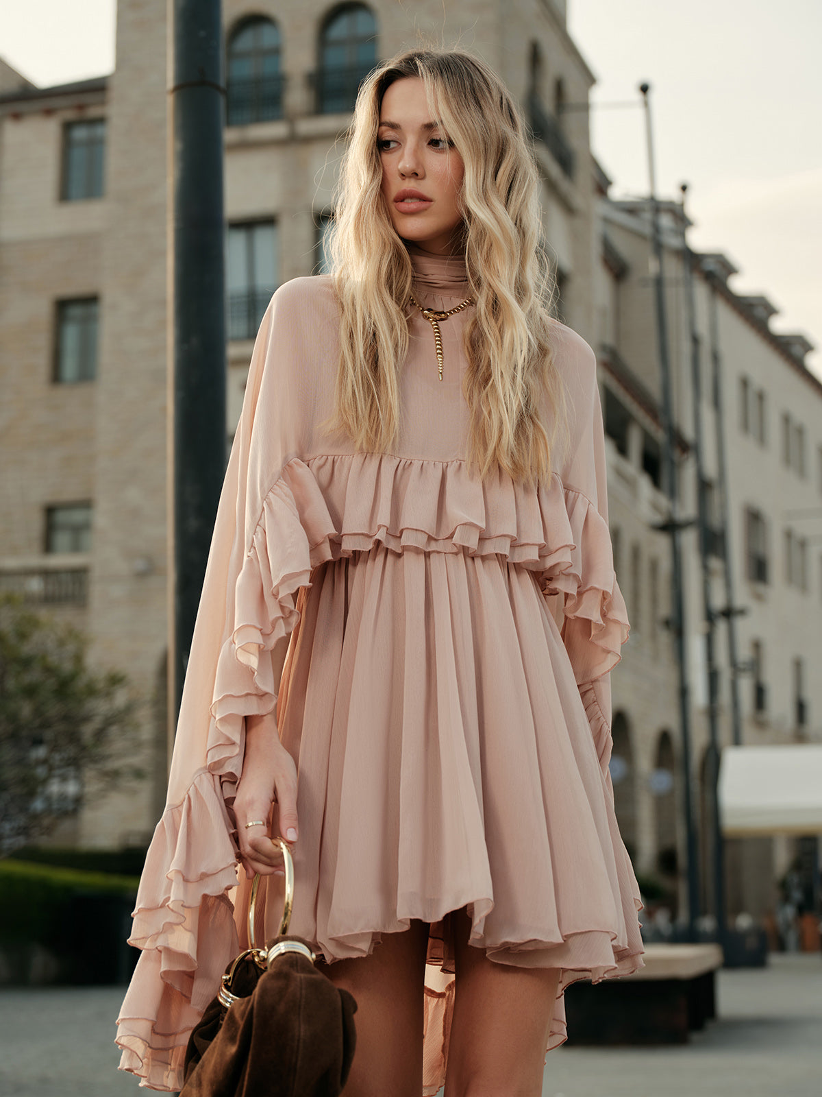 Semi-Sheer Chiffon Ruffle Dress With Outer Cape - Image 3