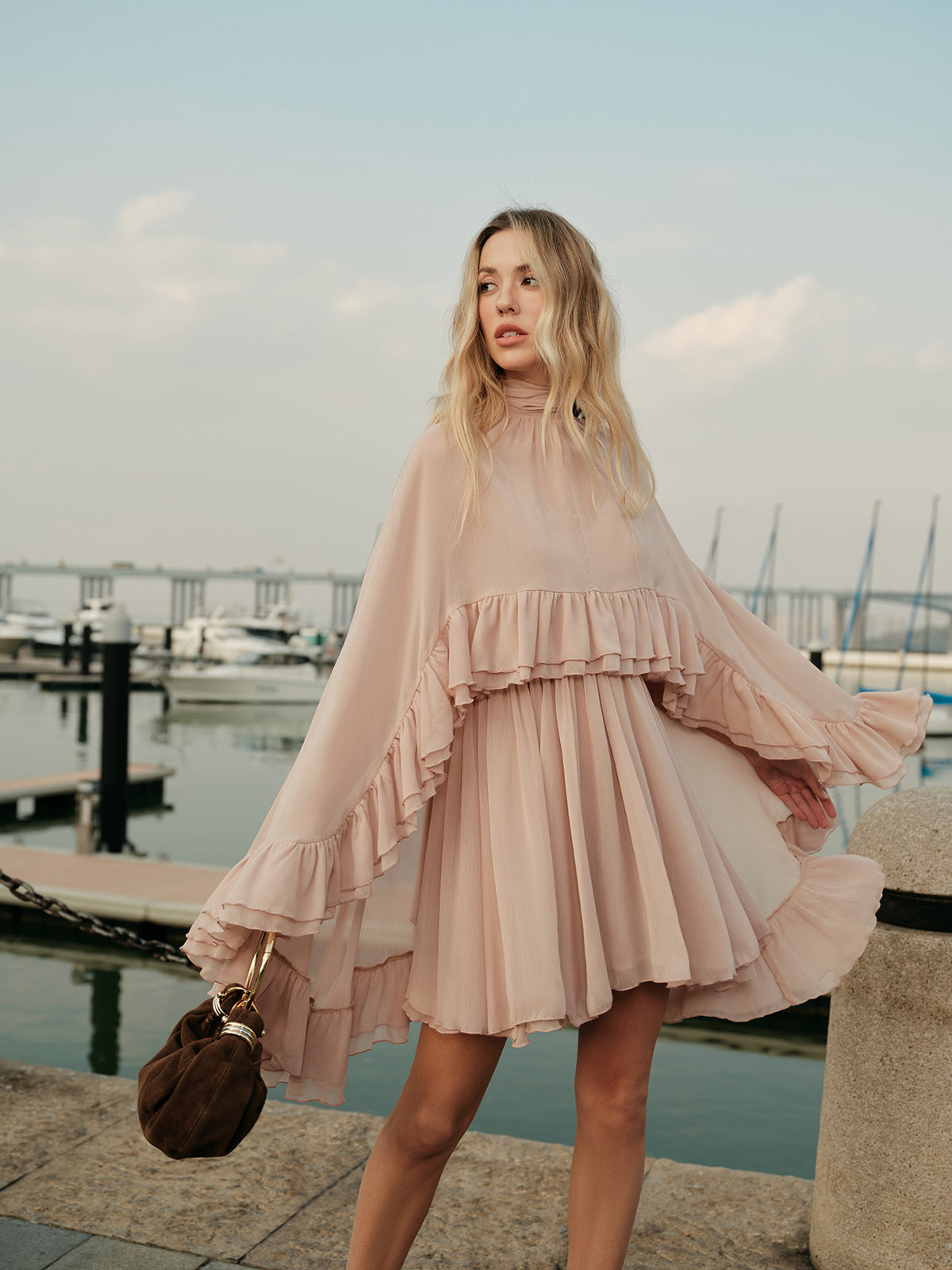 Semi-Sheer Chiffon Ruffle Dress With Outer Cape - Image 4