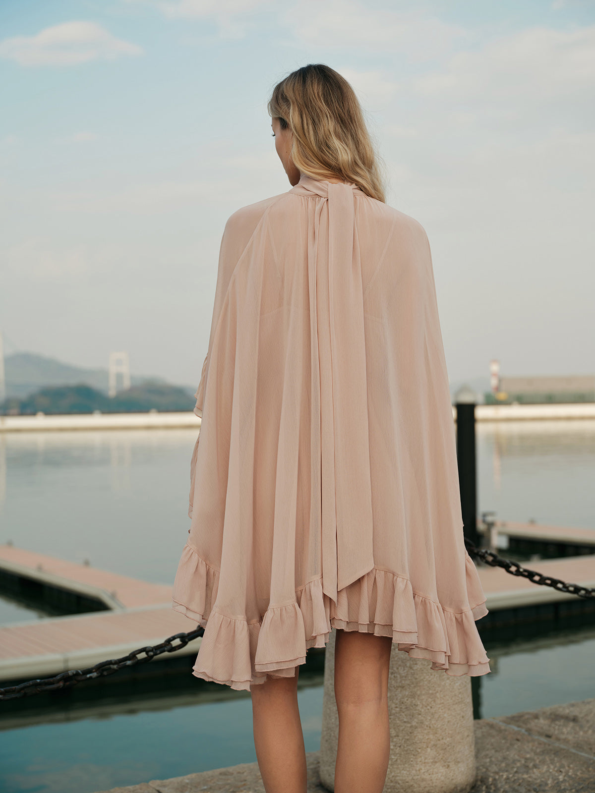 Semi-Sheer Chiffon Ruffle Dress With Outer Cape - Image 6