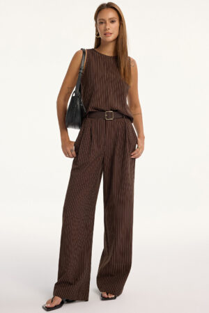Pinstripe Sleeveless Top and Pants Set with Belt