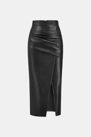 Ruched Slit PU Leather Midi Skirt