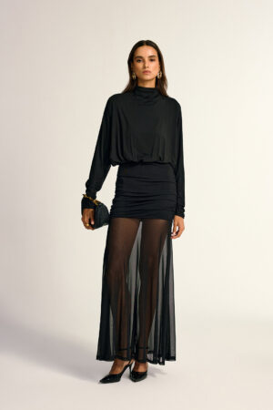 Turtleneck Long Sleeve Drape Ruched Mesh Dress