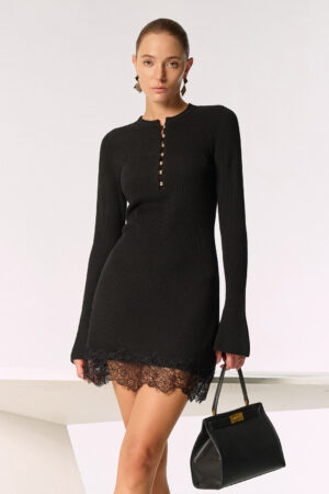 Wool Blend Lace Hem Metal Button Mini Dress