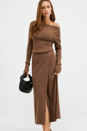Off-Shoulder Ribbed Wool Blend Maxi Dress