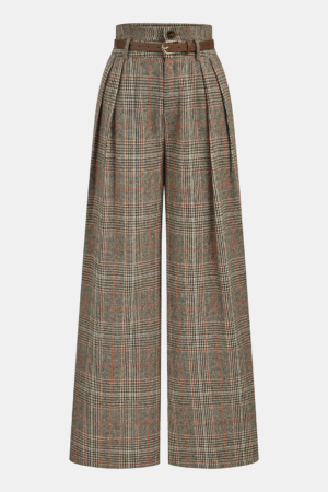 Belted Plaid High-Waisted Pants
