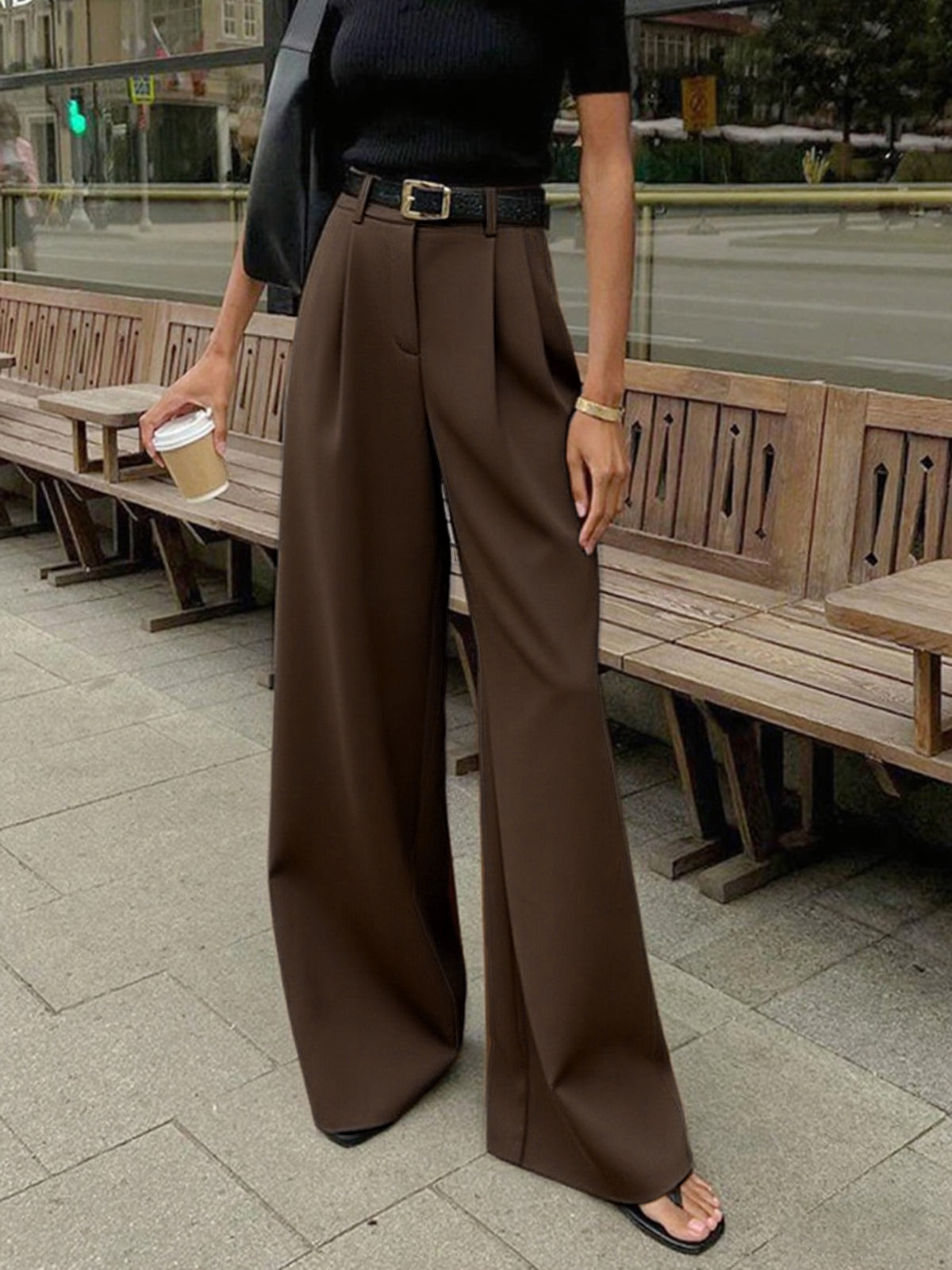 Solid Wide Leg Pants Without Belt - Image 13
