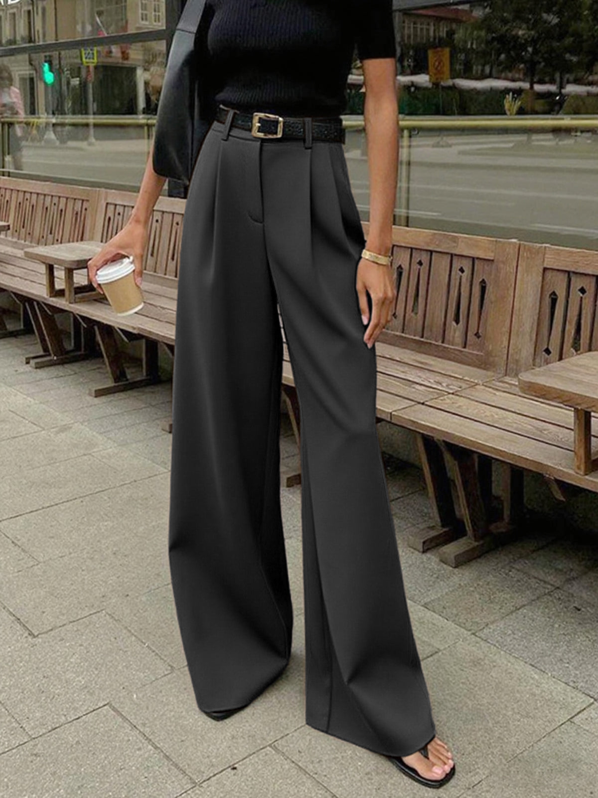 Solid Wide Leg Pants Without Belt - Image 15