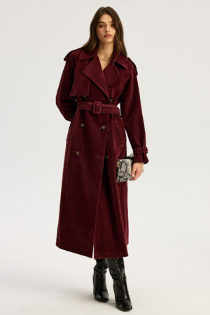 Belted Double-Breasted Suede Effect Long Trench Coat