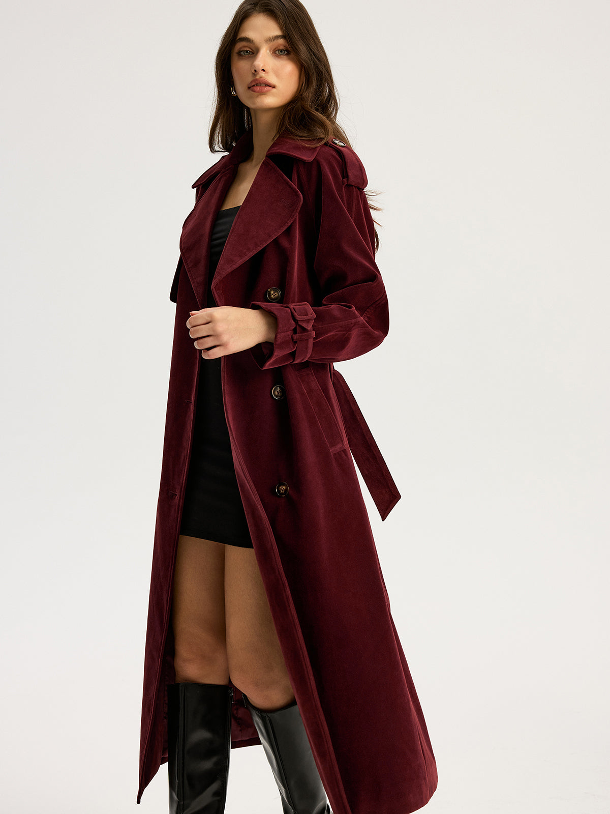 Belted Double-Breasted Suede Effect Long Trench Coat - Image 4
