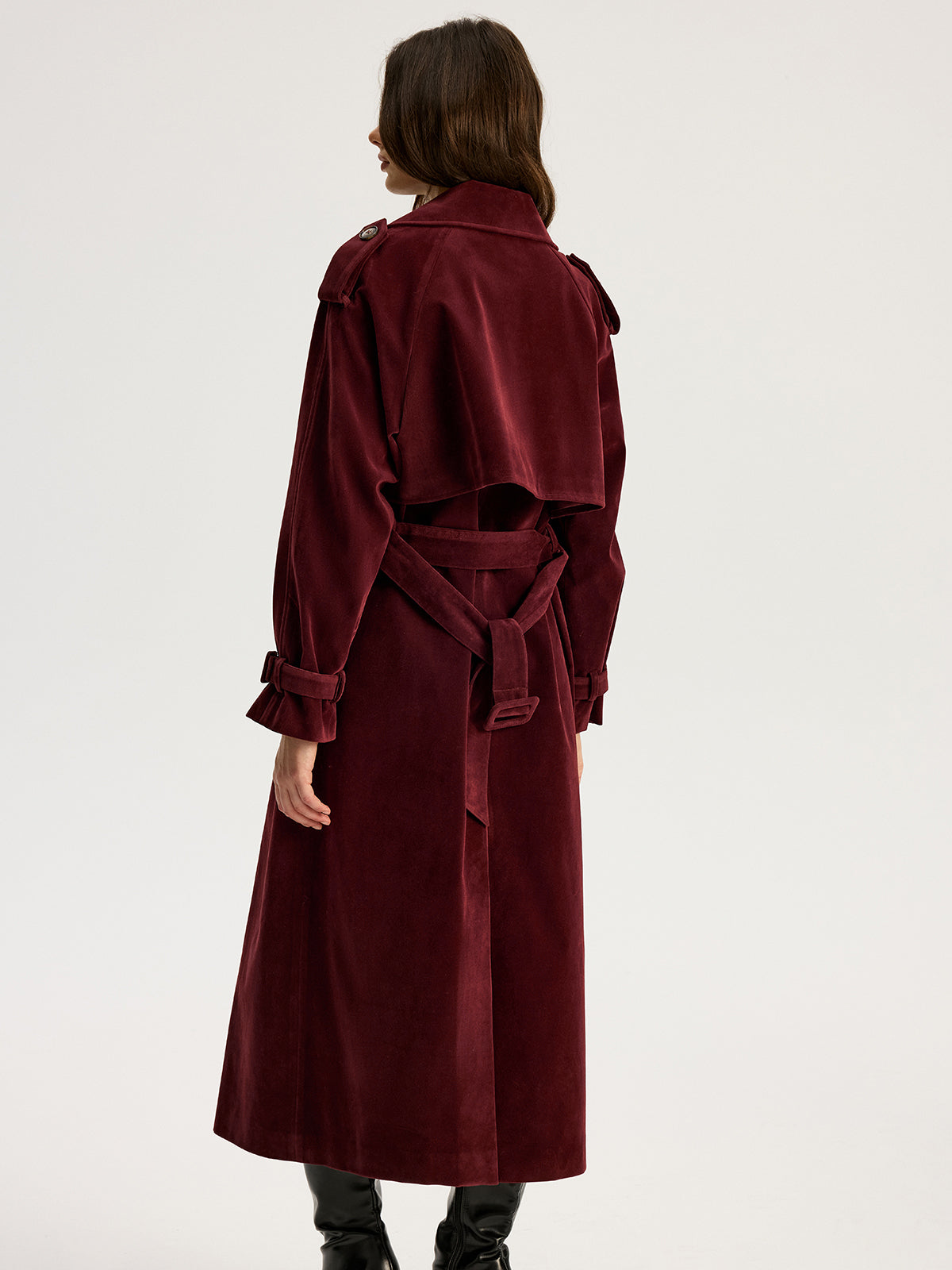 Belted Double-Breasted Suede Effect Long Trench Coat - Image 5