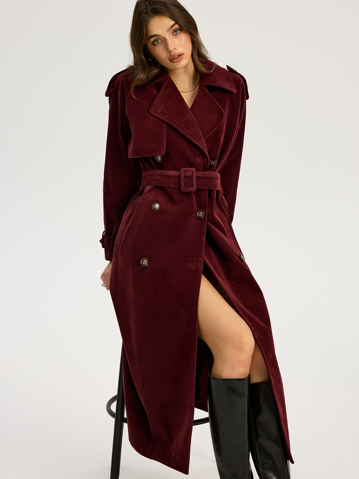 Belted Double-Breasted Suede Effect Long Trench Coat - Image 6