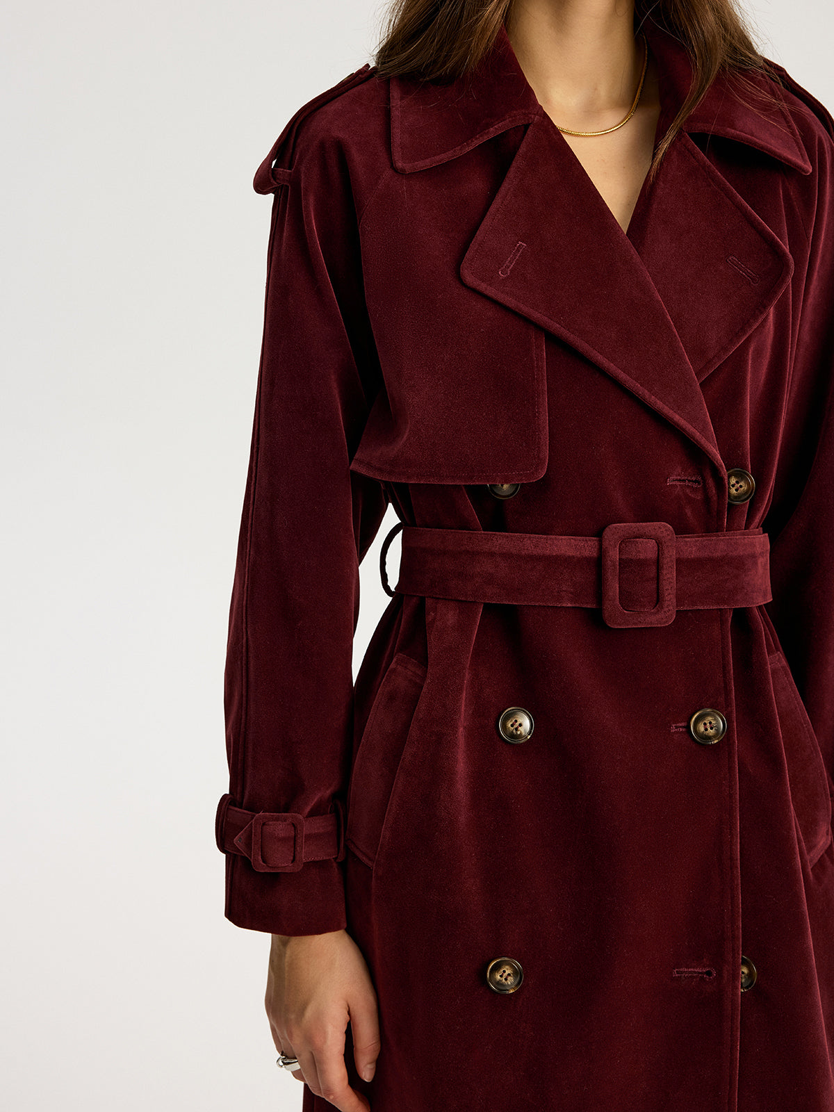 Belted Double-Breasted Suede Effect Long Trench Coat - Image 3