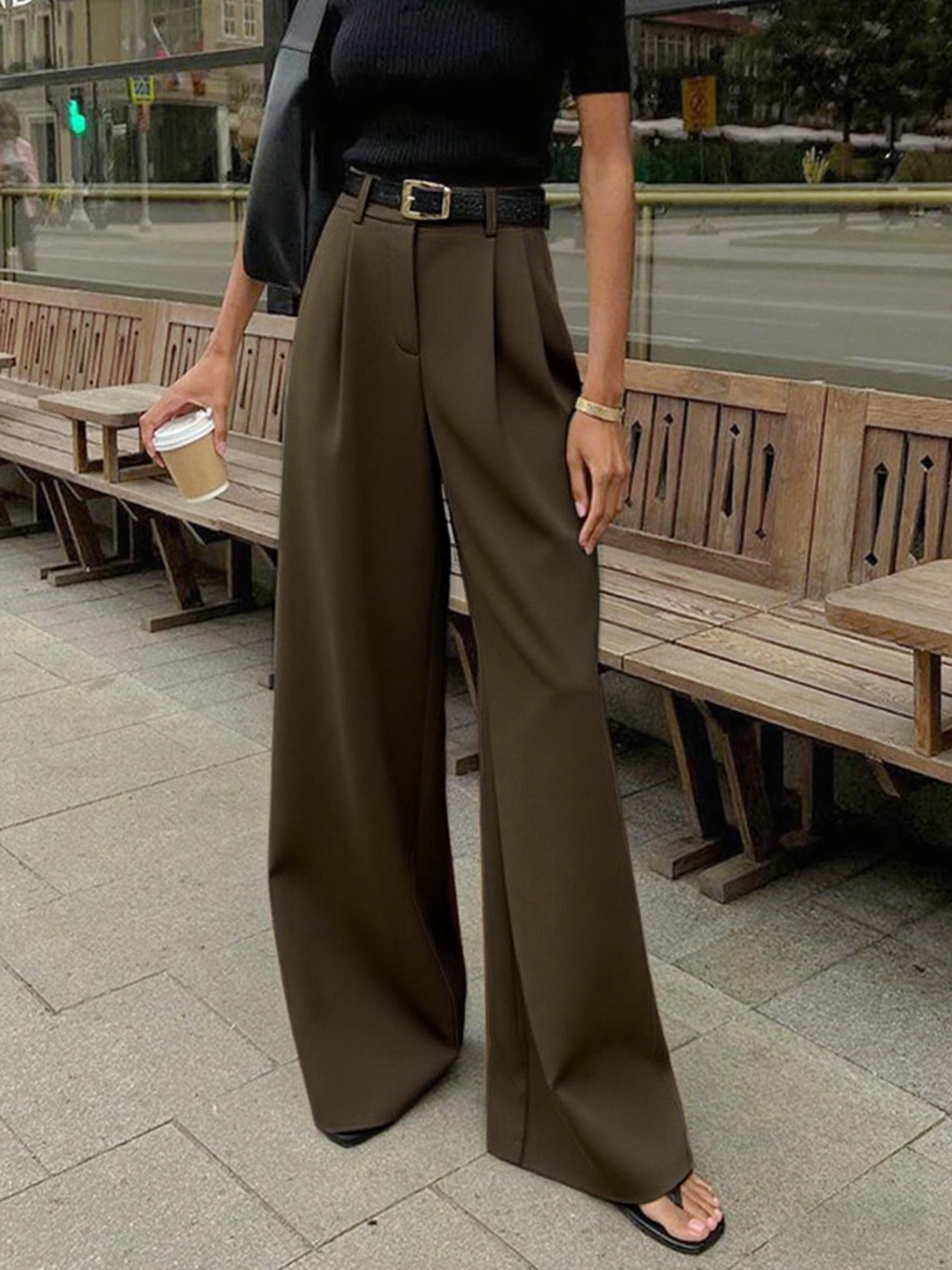 Solid Wide Leg Pants Without Belt - Image 16