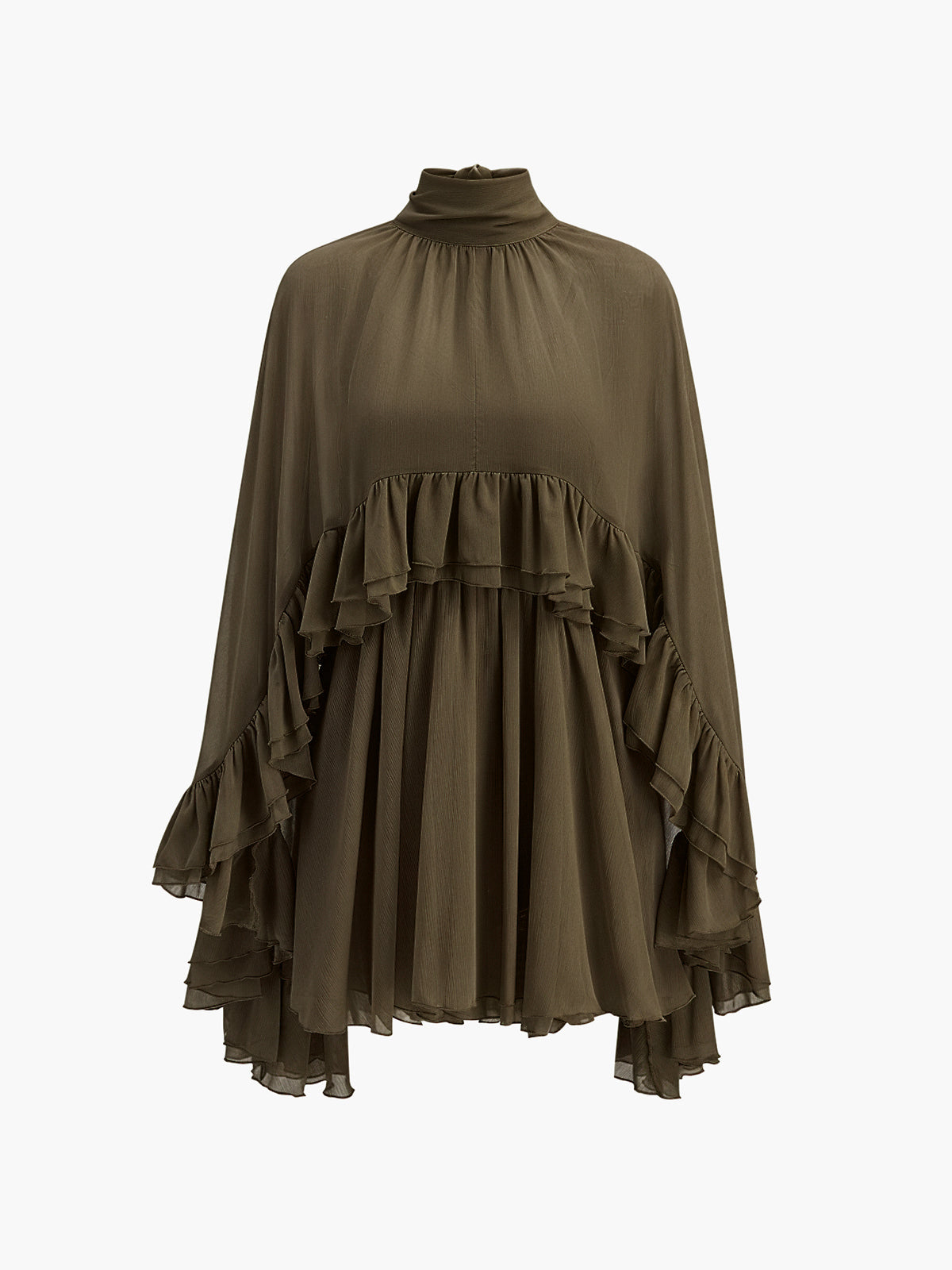 Semi-Sheer Chiffon Ruffle Dress With Outer Cape - Image 11