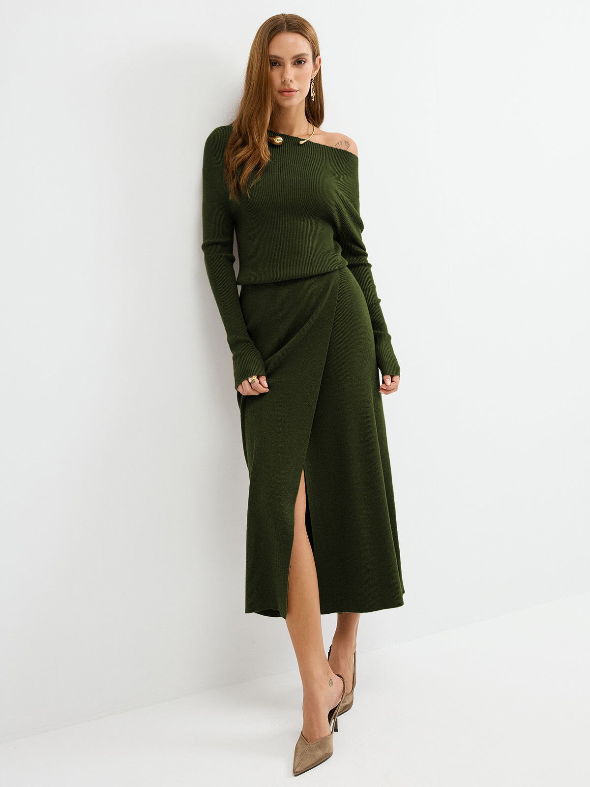 Off-Shoulder Ribbed Wool Blend Maxi Dress - Image 8