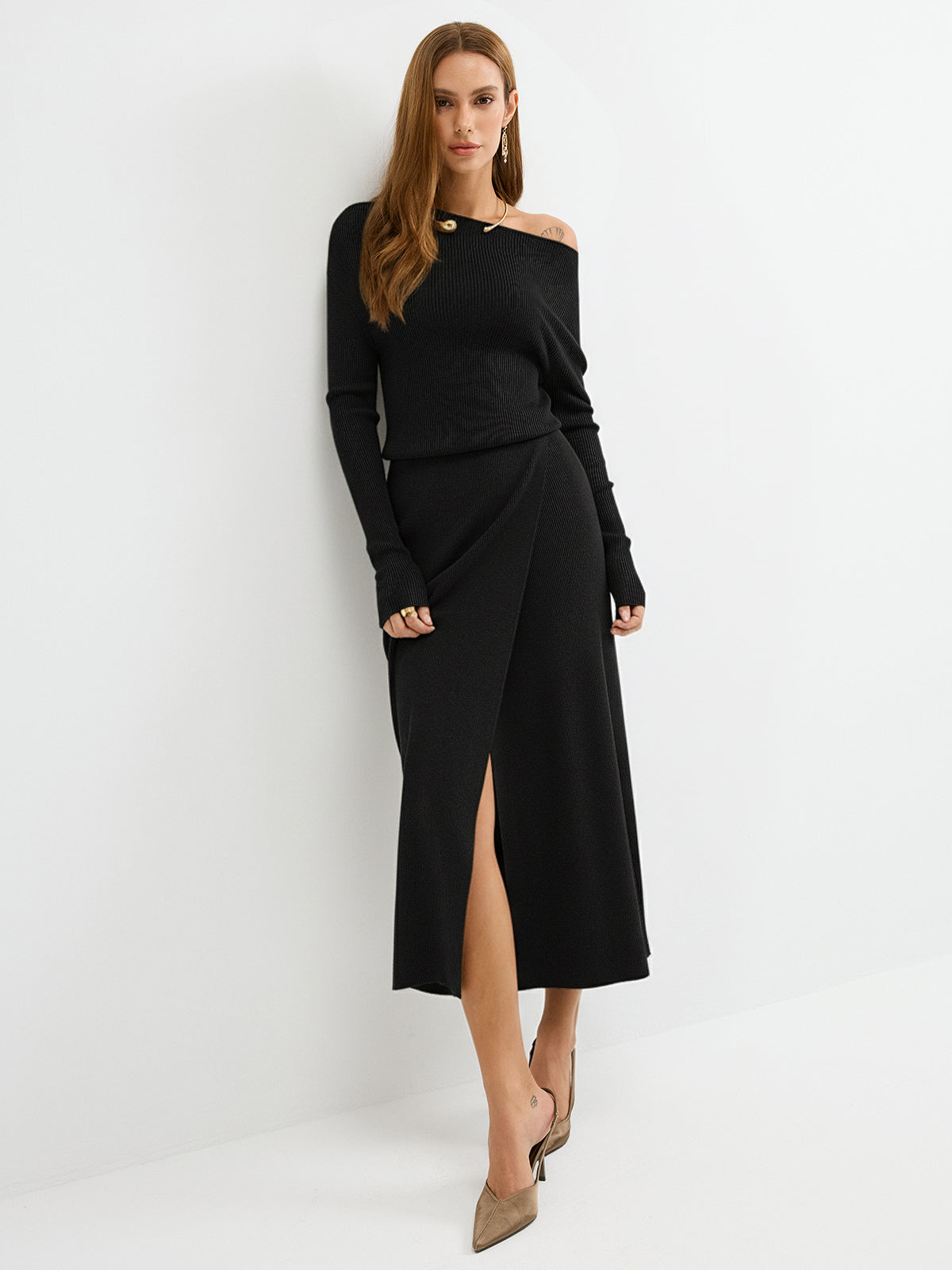 Off-Shoulder Ribbed Wool Blend Maxi Dress - Image 10