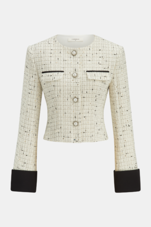Contrast Cuff Pearl Button Tweed Jacket