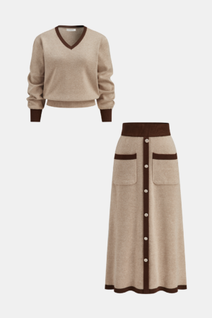 Contrast Trim Knit Top and Midi Skirt Set