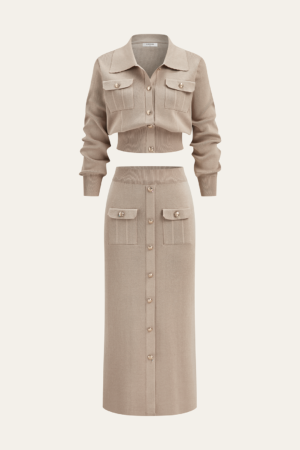 Metal Button Collared Cardigan and Midi Skirt Set