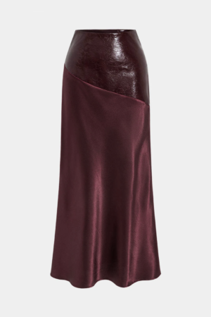 Faux Leather Panel Asymmetric Satin Maxi Skirt