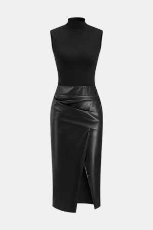 Faux Leather Panel Mock Neck Sleeveless Dress
