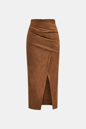 Draped Slit Suede Effect Midi Skirt
