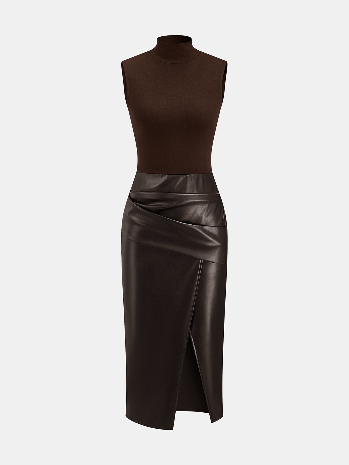 Faux Leather Panel Mock Neck Sleeveless Dress - Image 6
