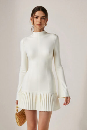 Pleated Hem Mock Neck Mini Dress