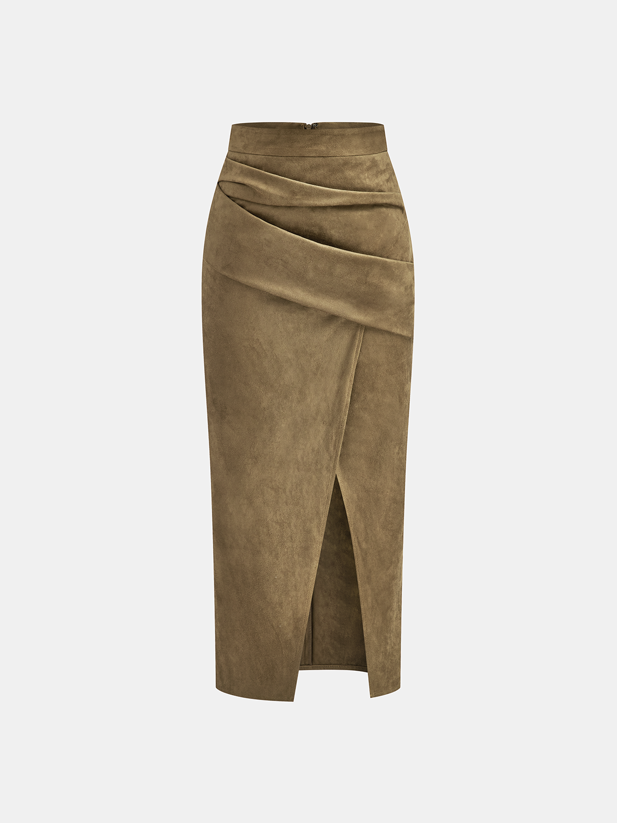 Draped Slit Suede Effect Midi Skirt - Image 7