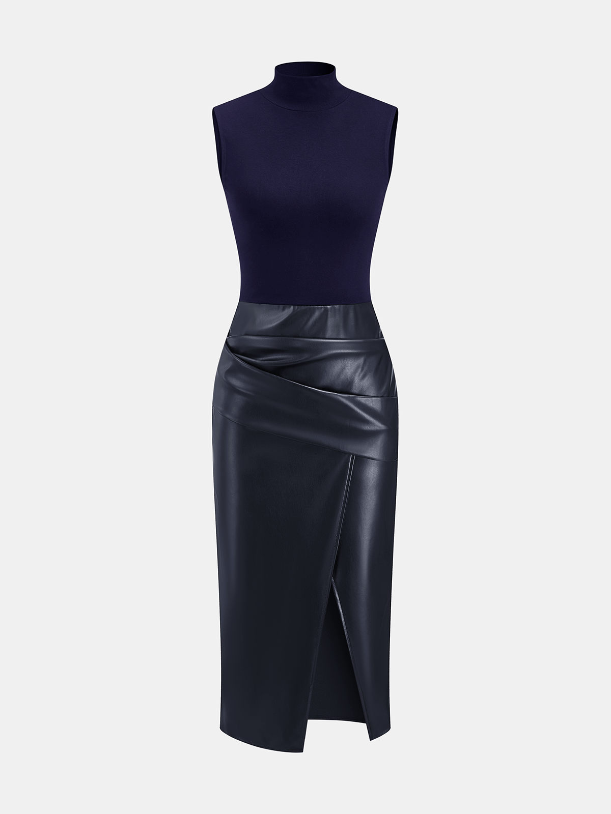 Faux Leather Panel Mock Neck Sleeveless Dress - Image 8