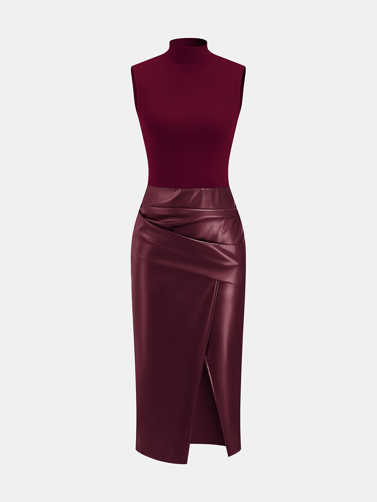 Faux Leather Panel Mock Neck Sleeveless Dress - Image 7