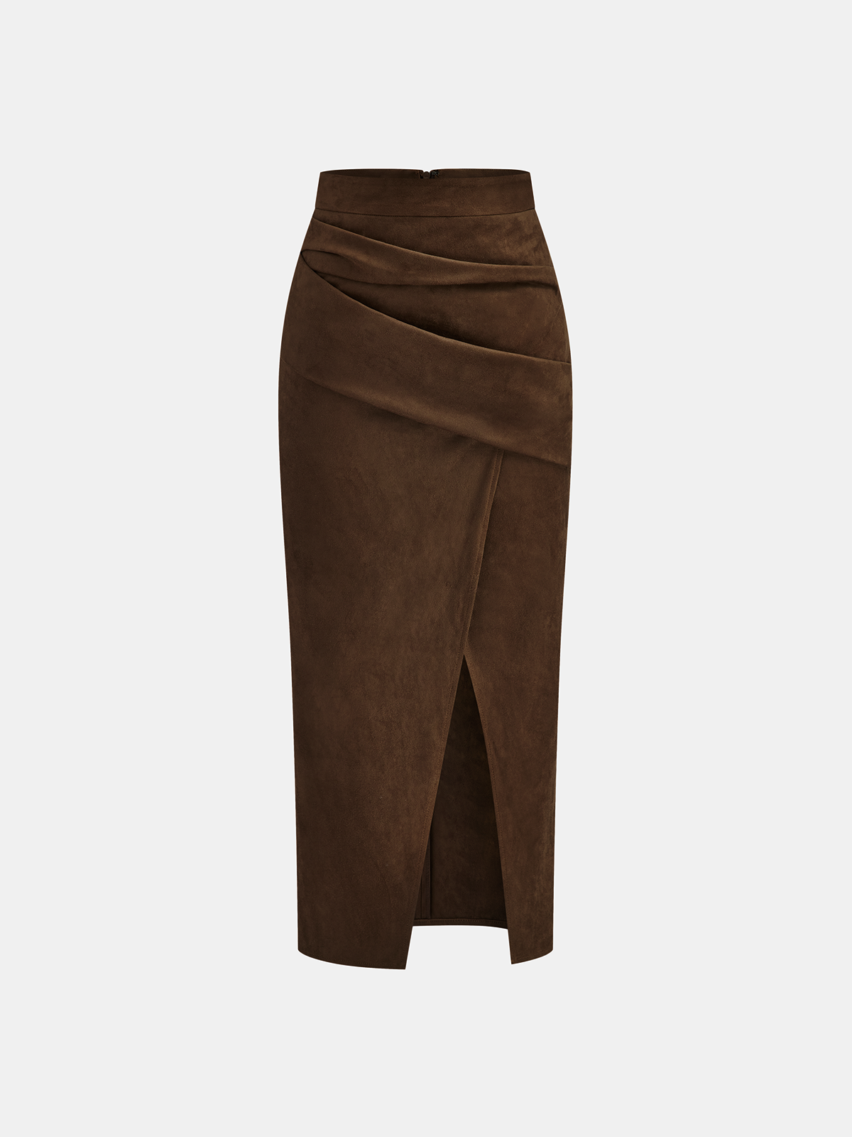 Draped Slit Suede Effect Midi Skirt - Image 8